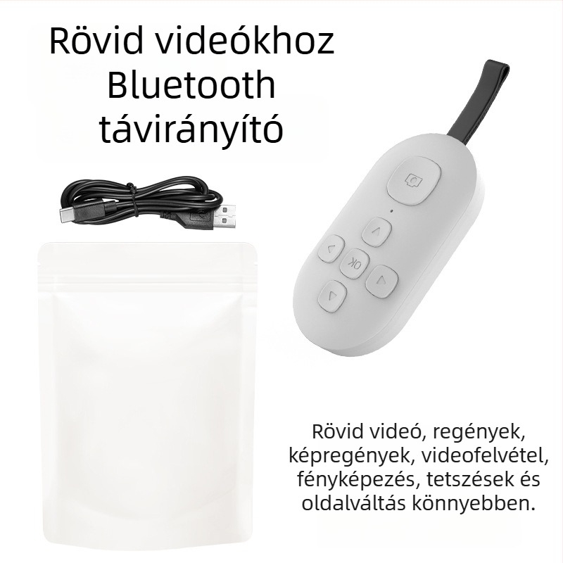 Bluetooth távirányító oldalpörgető és egy gombnyomásos selfie funkcióval — DY08, 200mAh, USB-C, 15 m hatótávolság, matt ABS, Android/iOS kompatibilis