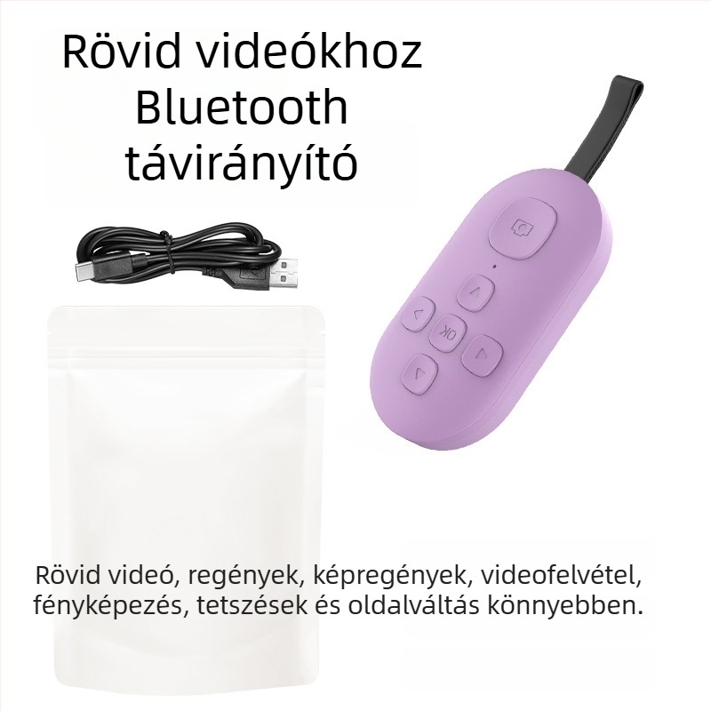 Bluetooth távirányító oldalpörgető és egy gombnyomásos selfie funkcióval — DY08, 200mAh, USB-C, 15 m hatótávolság, matt ABS, Android/iOS kompatibilis