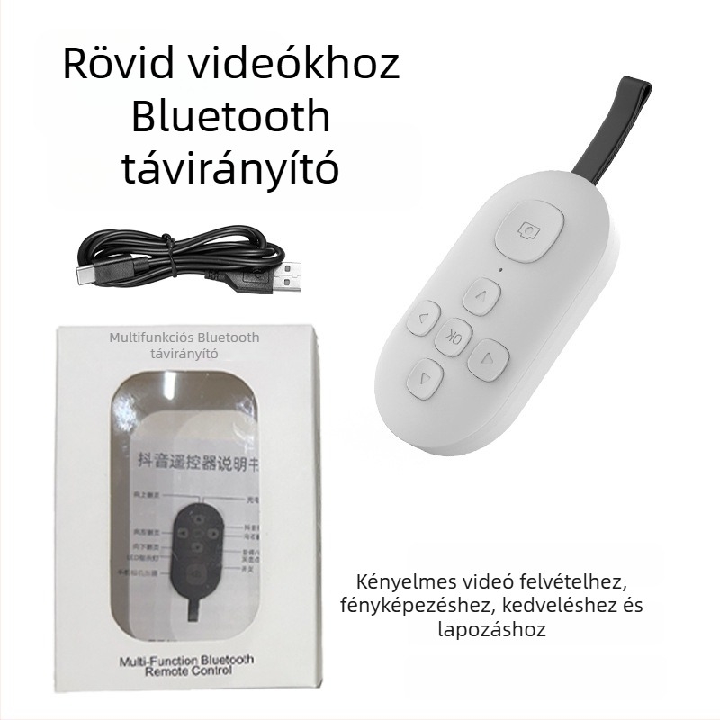 Bluetooth távirányító oldalpörgető és egy gombnyomásos selfie funkcióval — DY08, 200mAh, USB-C, 15 m hatótávolság, matt ABS, Android/iOS kompatibilis