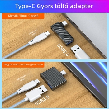 Type-C 90° kétportos adapter, PD100W gyors töltés, USB 3.0, OTG, ház cink-ötvözetből