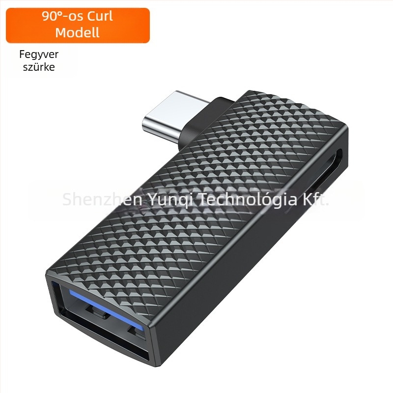 Type-C 90° kétportos adapter, PD100W gyors töltés, USB 3.0, OTG, ház cink-ötvözetből