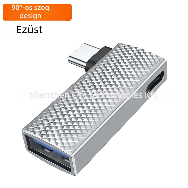 Type-C 90° kétportos adapter, PD100W gyors töltés, USB 3.0, OTG, ház cink-ötvözetből
