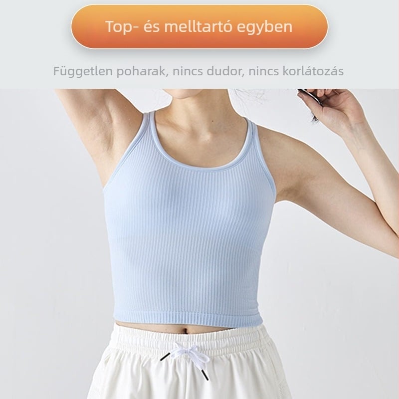 Jóga felső‑vest 3/4 kosárral, formázott kosár, levehető nyakpánt, fő anyag 90% nylon, bélés 10% nylon