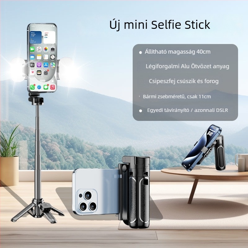 Z40 Bluetooth Selfie Bot távirányítóval, ABS+alumíniumötvözet, négylábú tartó és megvilágító fény
