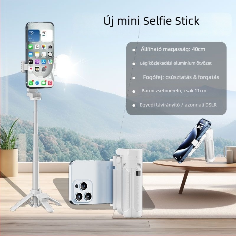 Z40 Bluetooth Selfie Bot távirányítóval, ABS+alumíniumötvözet, négylábú tartó és megvilágító fény