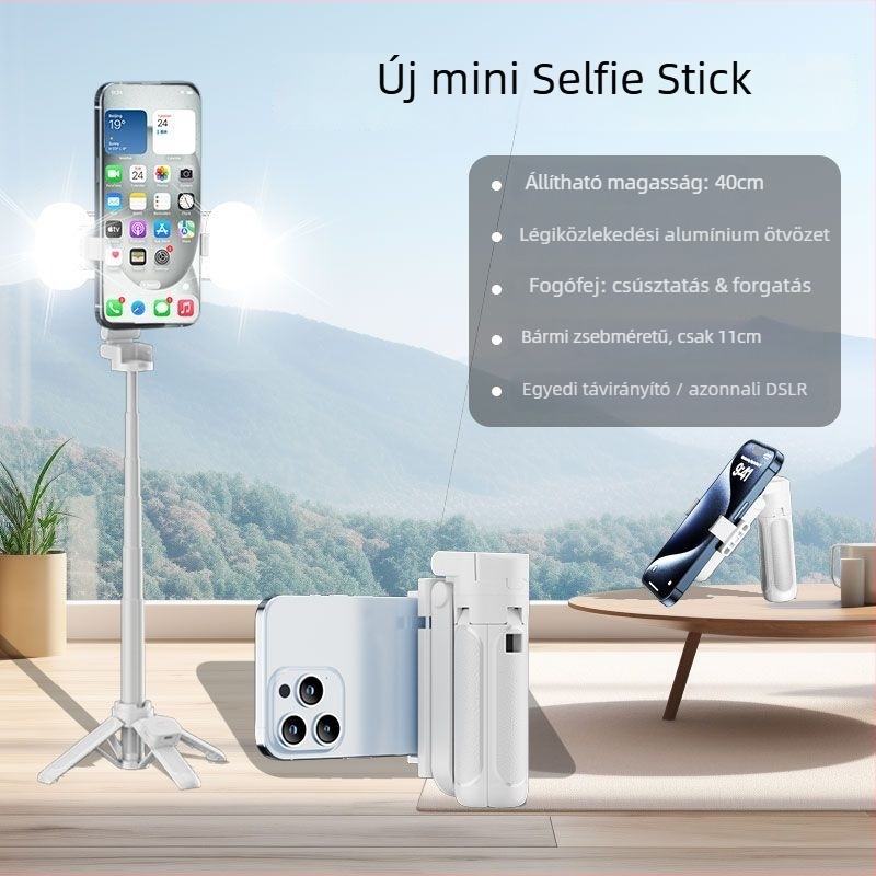 Z40 Bluetooth Selfie Bot távirányítóval, ABS+alumíniumötvözet, négylábú tartó és megvilágító fény