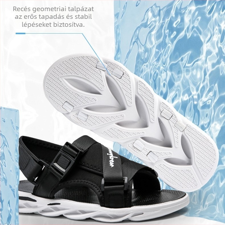 Koreai stílusú nyitott lábujjú szandál, PVC felsőrész és talp, Velcro zárás, hálós bélés, légáteresztő, csúszásmentes