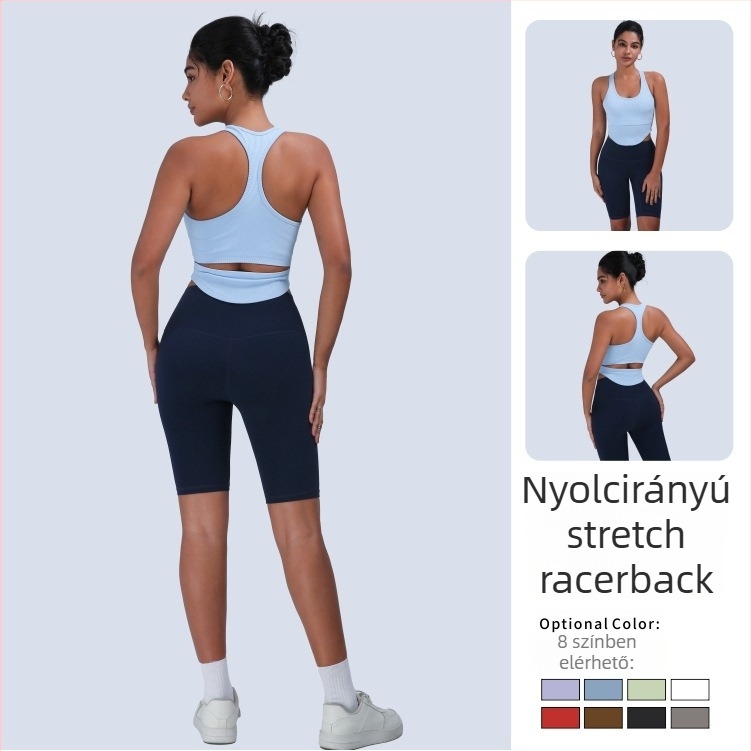 Női magas hatású sportmelltartó és egyrészes hátsó nélküli jóga felső, gyorsan száradó nylon/elastán, 92%/8% összetétel, derékig érő hossz, beépített párnázás