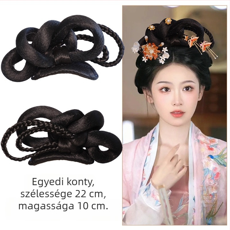 Cosplay paróka: Tang–Ming dinasztia konty, ékszerkészlettel, magas hőmérsékletű huzal, perm vagy festés nélkül