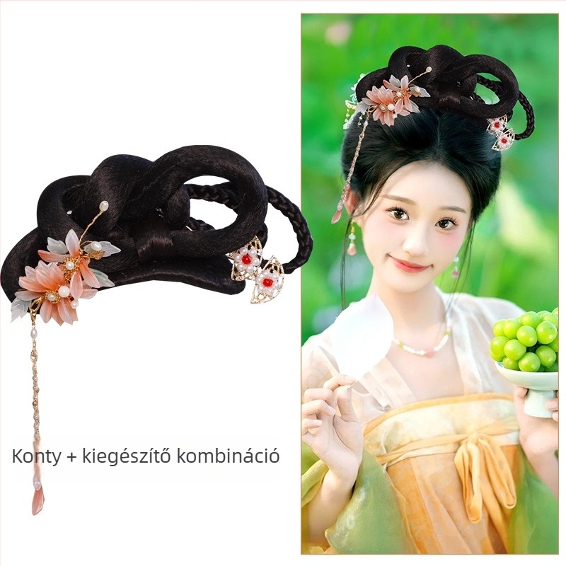 Cosplay paróka: Tang–Ming dinasztia konty, ékszerkészlettel, magas hőmérsékletű huzal, perm vagy festés nélkül