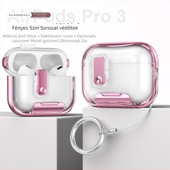 Apple AirPods Pro 3 tok TPU+PC burkolattal, állvánnyal és zárómechanizmussal, elektroplatált felülettel