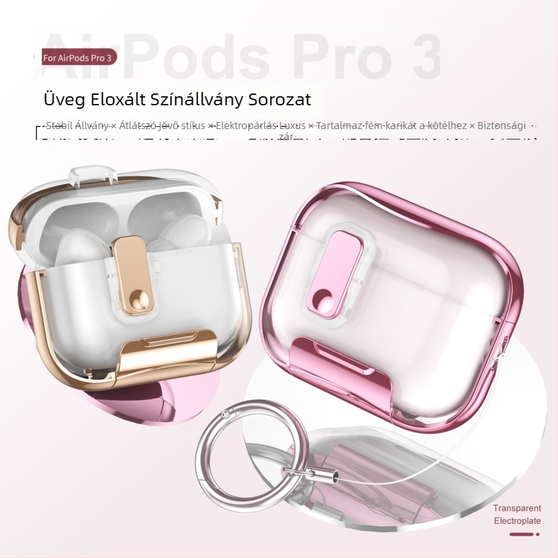 Apple AirPods Pro 3 tok TPU+PC burkolattal, állvánnyal és zárómechanizmussal, elektroplatált felülettel