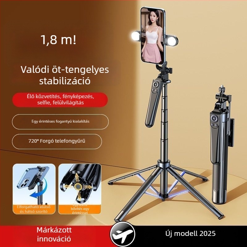 Hat-tengelyes, négy lábú selfie bot 360°-os forgatással utazáshoz, vlogoláshoz és élő közvetítéshez