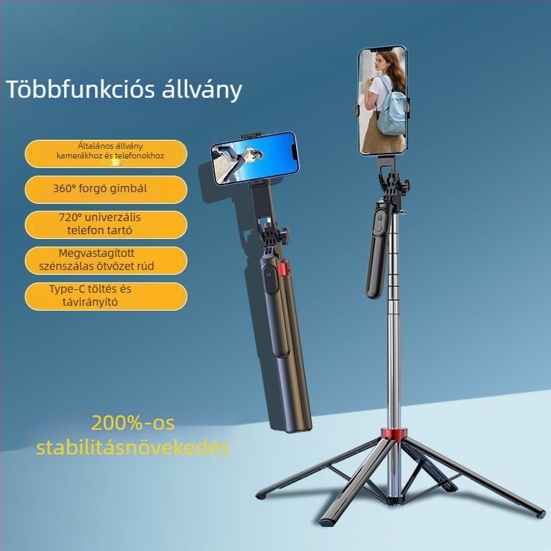 Hat-tengelyes, négy lábú selfie bot 360°-os forgatással utazáshoz, vlogoláshoz és élő közvetítéshez