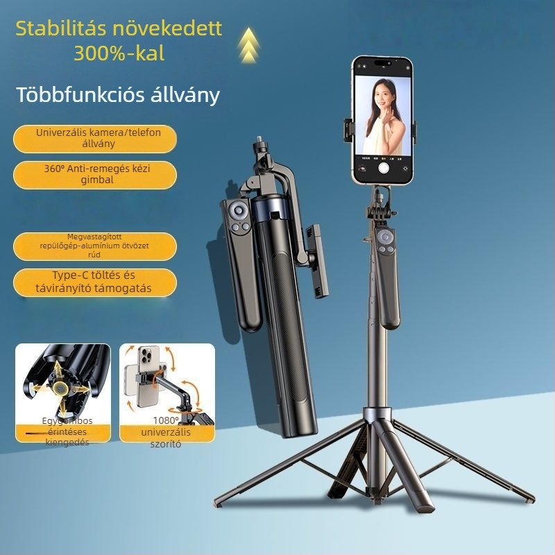 Hat-tengelyes, négy lábú selfie bot 360°-os forgatással utazáshoz, vlogoláshoz és élő közvetítéshez
