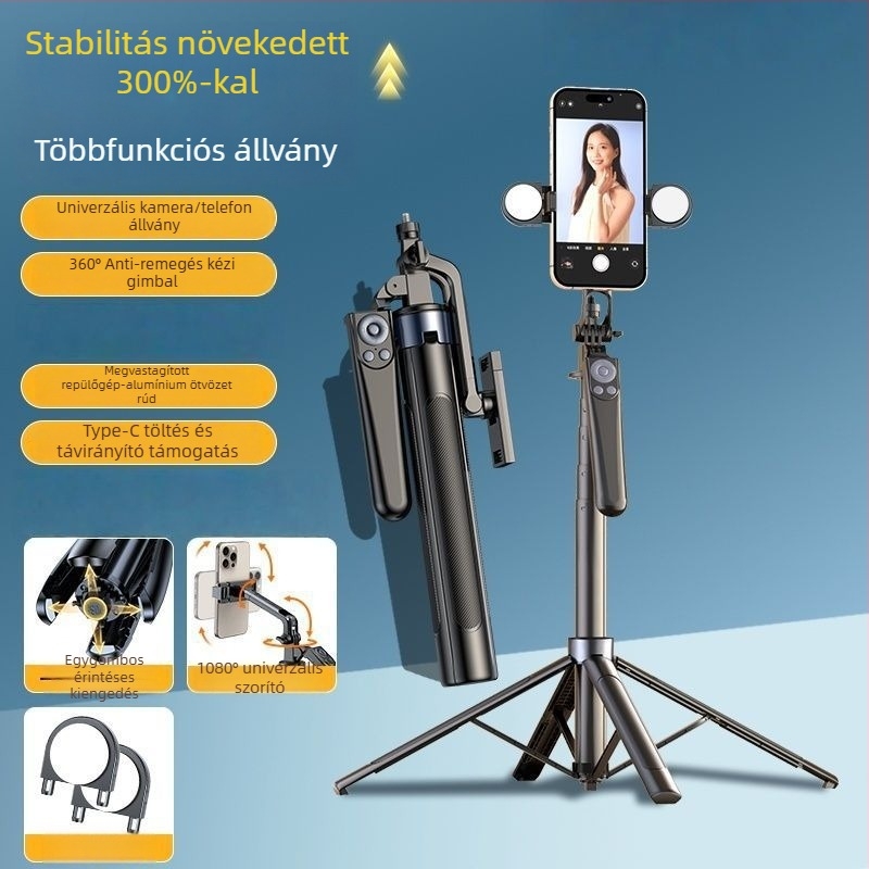 Hat-tengelyes, négy lábú selfie bot 360°-os forgatással utazáshoz, vlogoláshoz és élő közvetítéshez