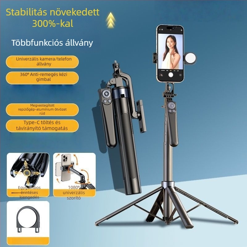 Hat-tengelyes, négy lábú selfie bot 360°-os forgatással utazáshoz, vlogoláshoz és élő közvetítéshez