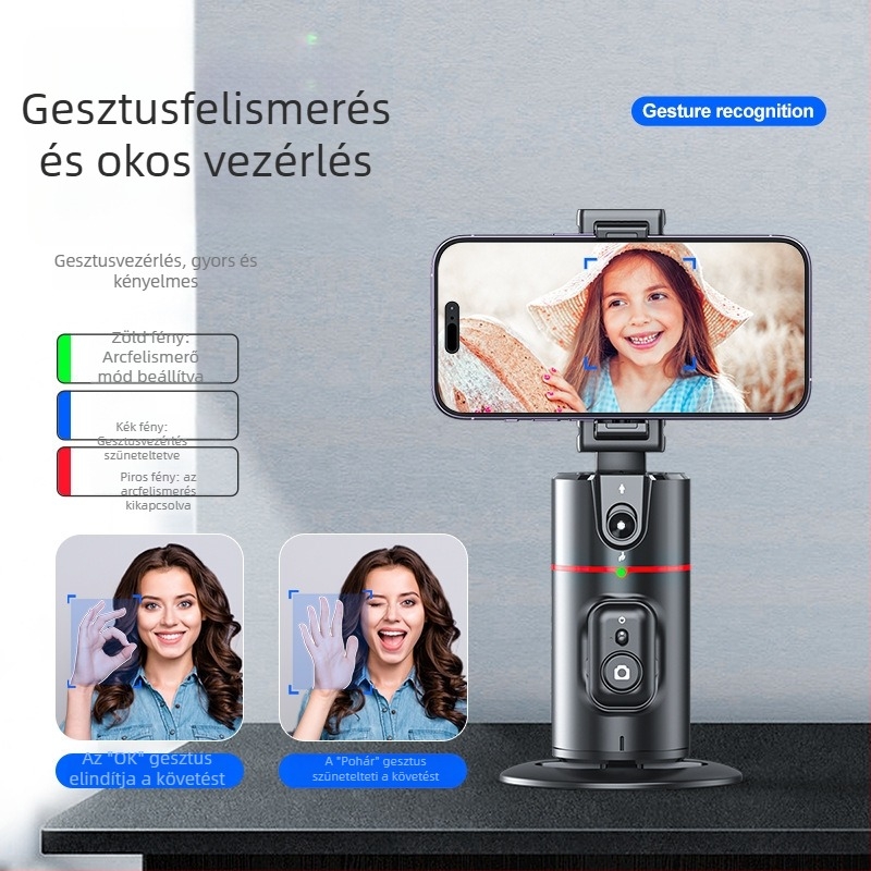 Mobiltelefonhoz készült gimbal arcfelismeréssel, 360° panoráma követés, asztali állvánnyal, Bluetooth távirányítóval, képstabilizálás
