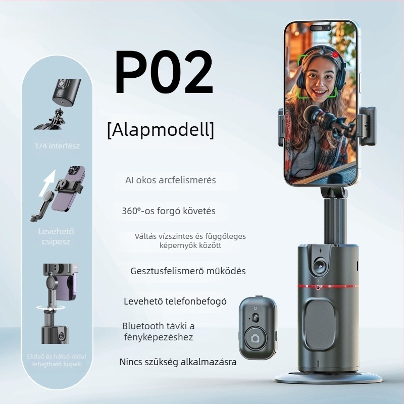 Mobiltelefonhoz készült gimbal arcfelismeréssel, 360° panoráma követés, asztali állvánnyal, Bluetooth távirányítóval, képstabilizálás