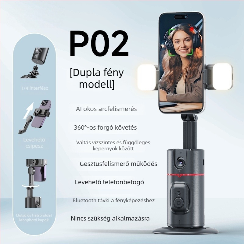 Mobiltelefonhoz készült gimbal arcfelismeréssel, 360° panoráma követés, asztali állvánnyal, Bluetooth távirányítóval, képstabilizálás