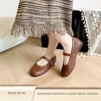 Mary Jane női cipők fonott mintával, kerek orr, alacsony sarok, slip-on záródás