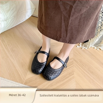Mary Jane női cipők fonott mintával, kerek orr, alacsony sarok, slip-on záródás