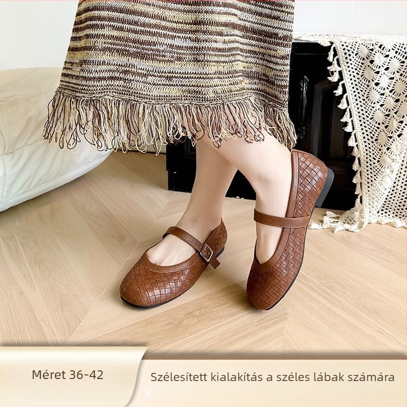 Mary Jane női cipők fonott mintával, kerek orr, alacsony sarok, slip-on záródás