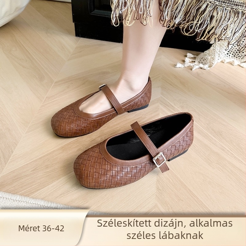 Mary Jane női cipők fonott mintával, kerek orr, alacsony sarok, slip-on záródás