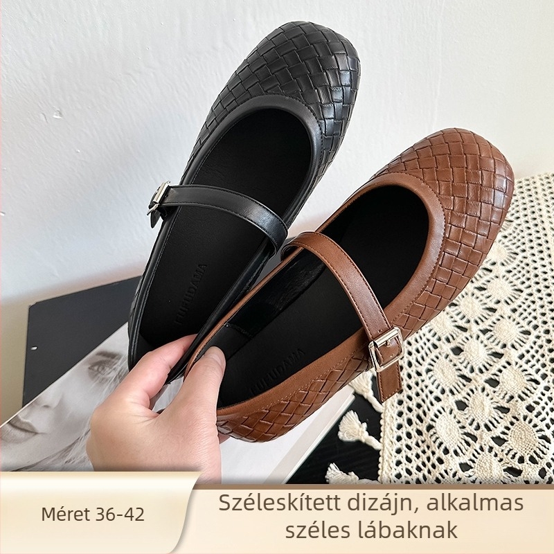 Mary Jane női cipők fonott mintával, kerek orr, alacsony sarok, slip-on záródás