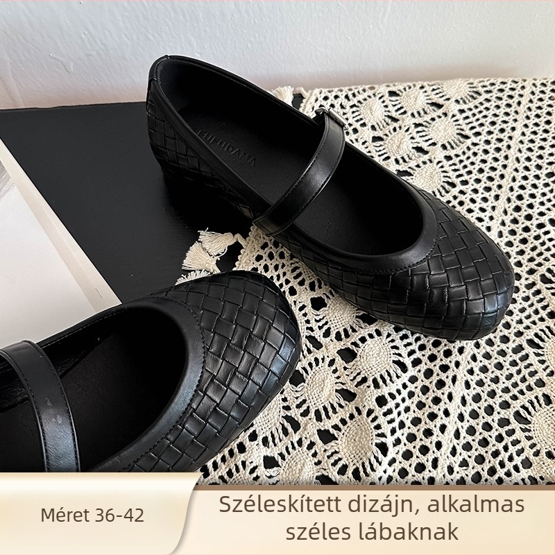 Mary Jane női cipők fonott mintával, kerek orr, alacsony sarok, slip-on záródás