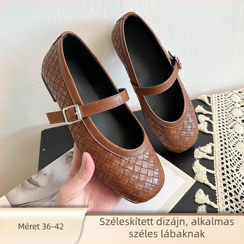 Mary Jane női cipők fonott mintával, kerek orr, alacsony sarok, slip-on záródás