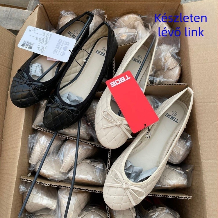 Női lapos cipő masnival és kockás mintával – kerek orr, PU felsőrész, gumitalp, alacsony sarok, méretek 36–42