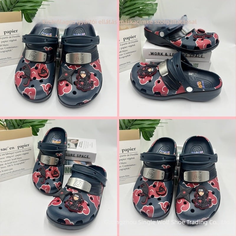 Ninja x Uchiha Itachi Crocs-stílusú férfi papucsok, rajzfilmszerű dizájn, kényelmes és kopásálló, mindennapi nyári lábbeli