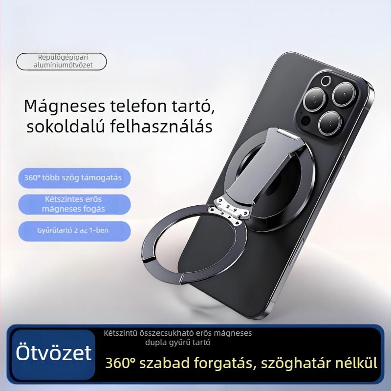 Mágneses telefon-tartó összecsukható, nyújtható gyűrűvel, 2-in-1, alumíniumötvözet, MagSafe kompatibilis, rezgéscsillapító