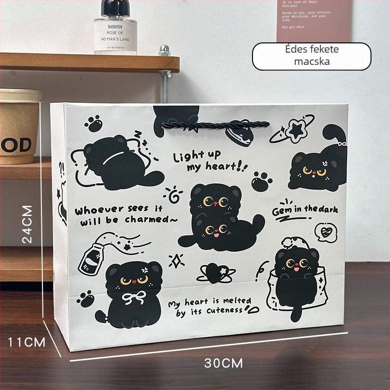 Karikatúra-stílusú papírtáska ajándékokhoz, karton anyag, nyomtatási lehetőség, készre gyártott és testreszabható, logó nyomtatására alkalmas, desszert és milk tea csomagolására ideális