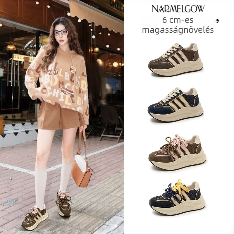 Női mindennapi sneaker vastag talppal, felsőrész valódi bőr és textil, platforma 6–8 cm, gumitalp, elöl fűzővel zárható
