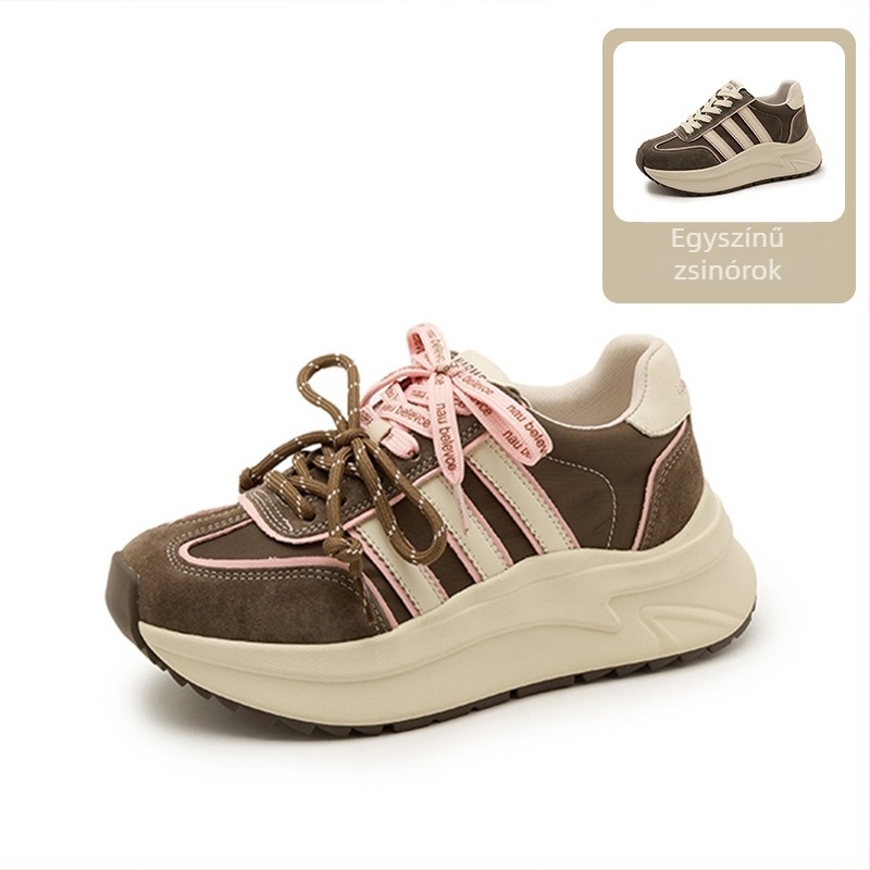 Női mindennapi sneaker vastag talppal, felsőrész valódi bőr és textil, platforma 6–8 cm, gumitalp, elöl fűzővel zárható