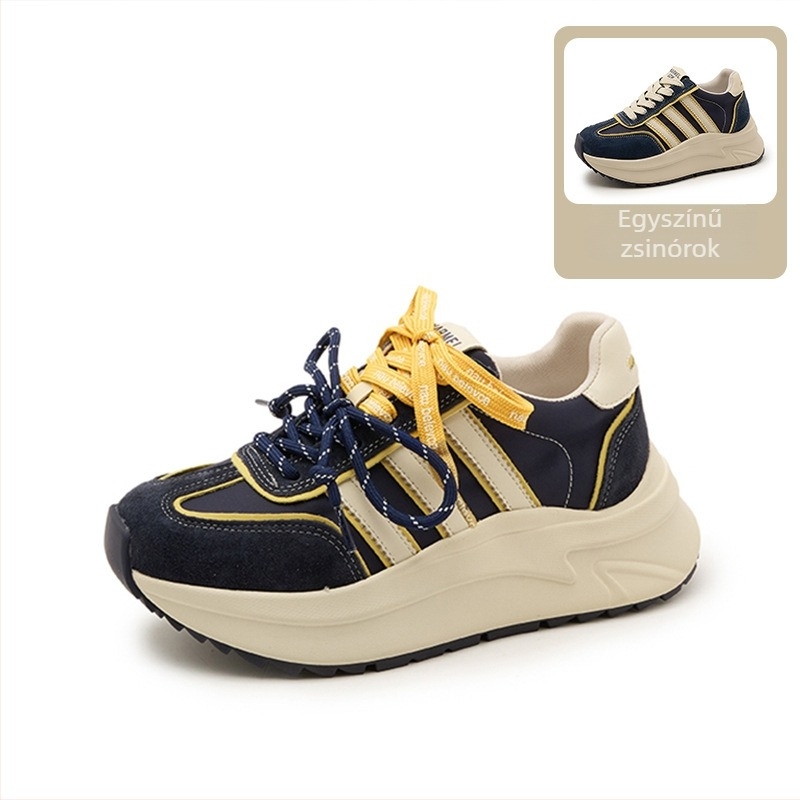 Női mindennapi sneaker vastag talppal, felsőrész valódi bőr és textil, platforma 6–8 cm, gumitalp, elöl fűzővel zárható
