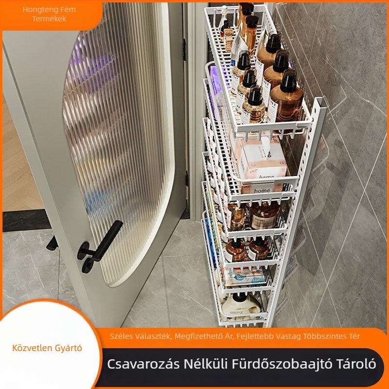Ajtó mögötti falra szerelt, 1-szintű tároló, szénacélból, fúrás nélküli, konyha- és fürdőszobai használatra