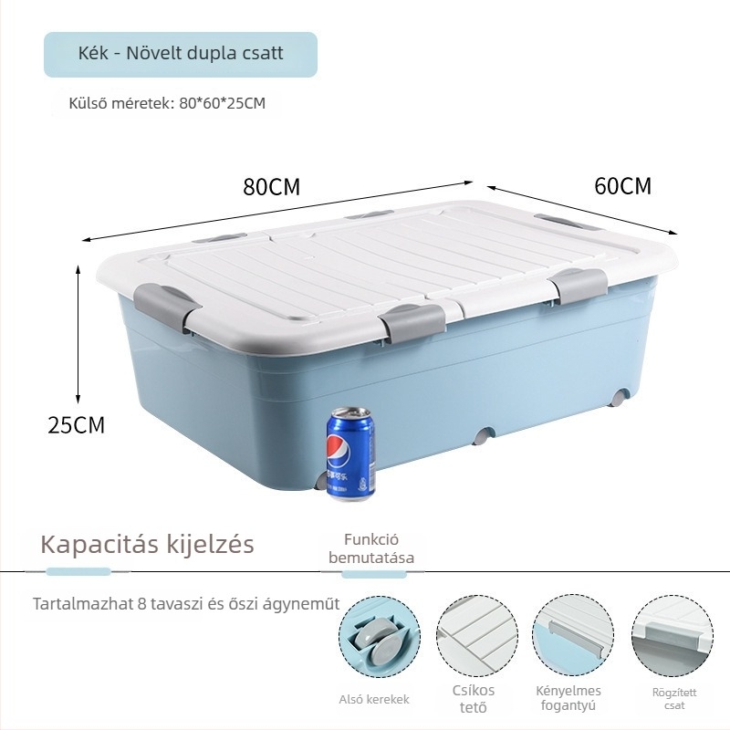 Ágy alatti tároló doboz, fiókos stílusú, görgős, 18 L, PP műanyag, por- és nedvességálló.