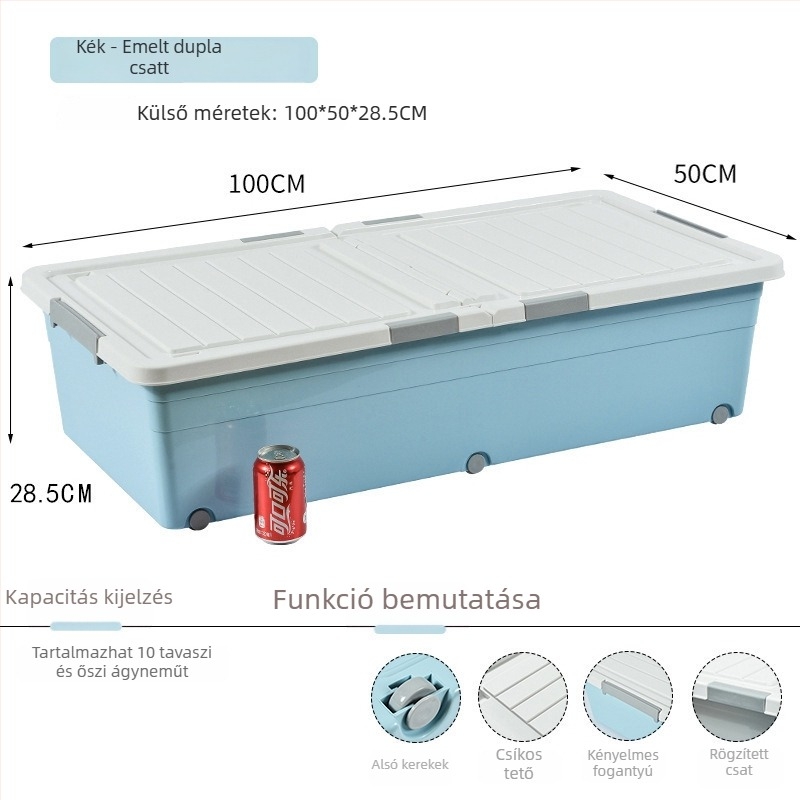Ágy alatti tároló doboz, fiókos stílusú, görgős, 18 L, PP műanyag, por- és nedvességálló.