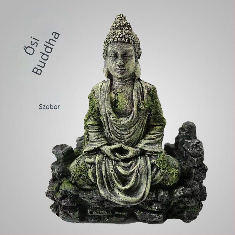 Akvarisztikai dekoráció: gyanta Buddha-szobor az akváriumi tájképhez, antik stílus, Guangdong eredet, tömeg 300 g