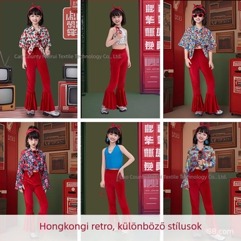 Gyerekeknek szóló Hongkong-stílusú retro virágos ing és harang alakú nadrág szett, acetát korduroy anyag, nyár 2025, 3–8 éveseknek, jelmez előadásra/táncra
