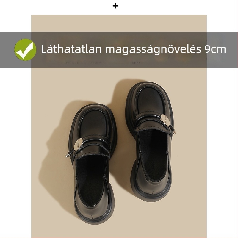 Női loaferek kerek orrú, felső mikroszálas bőrből, 6–8 cm vastag sarok, gumírozott talp