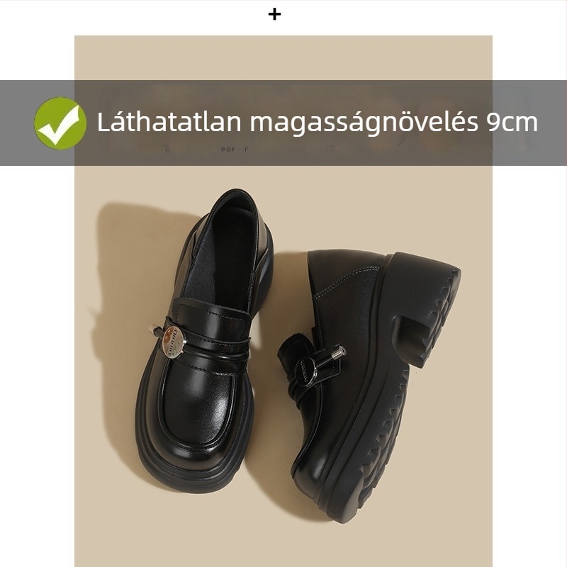 Női loaferek kerek orrú, felső mikroszálas bőrből, 6–8 cm vastag sarok, gumírozott talp