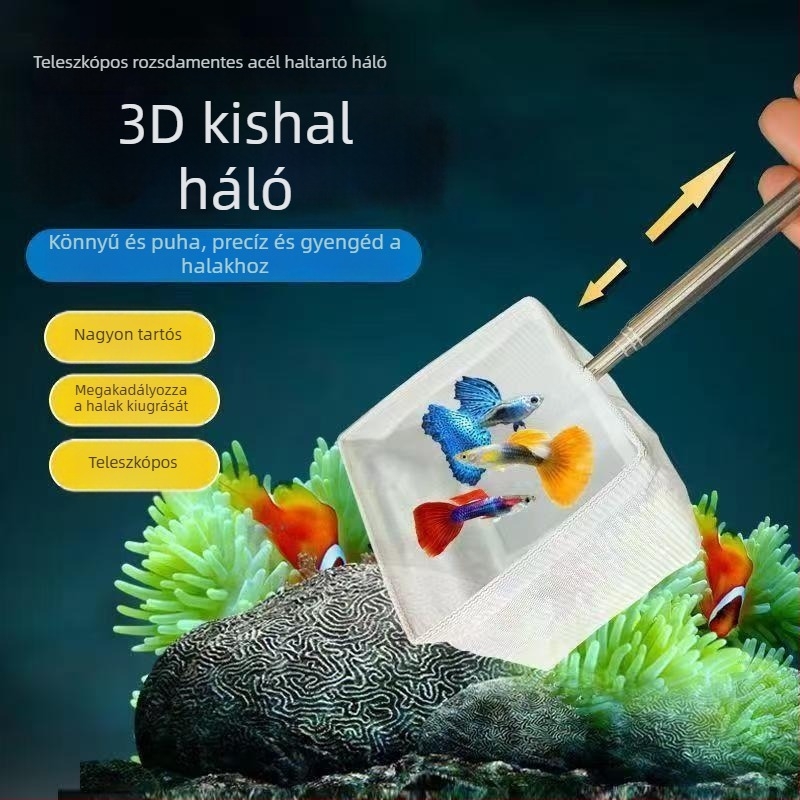 Teleszkópos 3D akváriumi merítőháló guppi, betta és díszhalak fogásához, rozsdamentes acélból