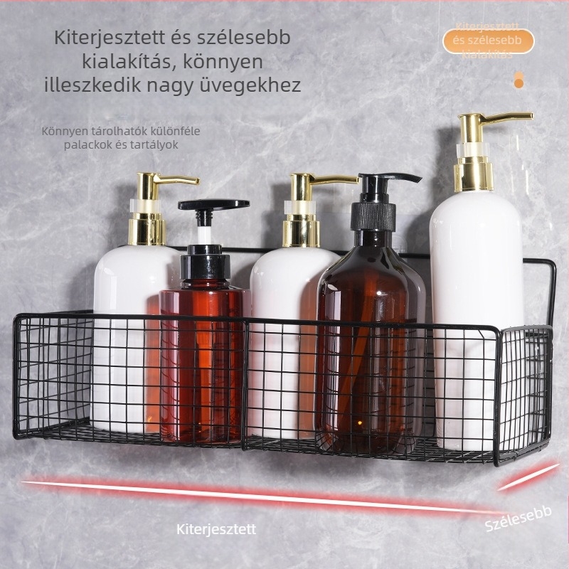 Vasból készült falra szerelhető tároló, fúrás nélkül; tusfürdő és fűszerek tárolója a fürdőszobában és a konyhában; helytakarékos szervező