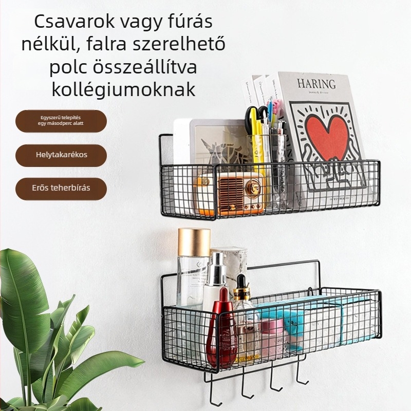 Vasból készült falra szerelhető tároló, fúrás nélkül; tusfürdő és fűszerek tárolója a fürdőszobában és a konyhában; helytakarékos szervező