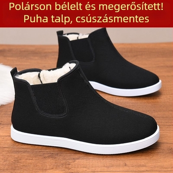 Férfi téli magas szárú csizma, vastag meleg pamut bélés, felső rész: szintetikus bőr, csúszásmentes gumírozott talp