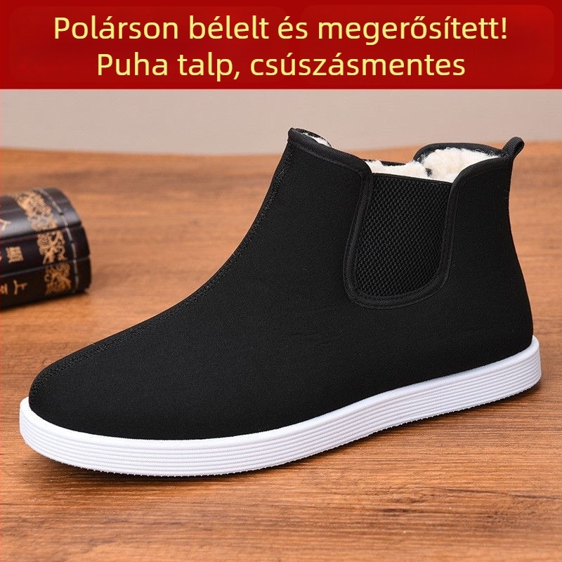Férfi téli magas szárú csizma, vastag meleg pamut bélés, felső rész: szintetikus bőr, csúszásmentes gumírozott talp